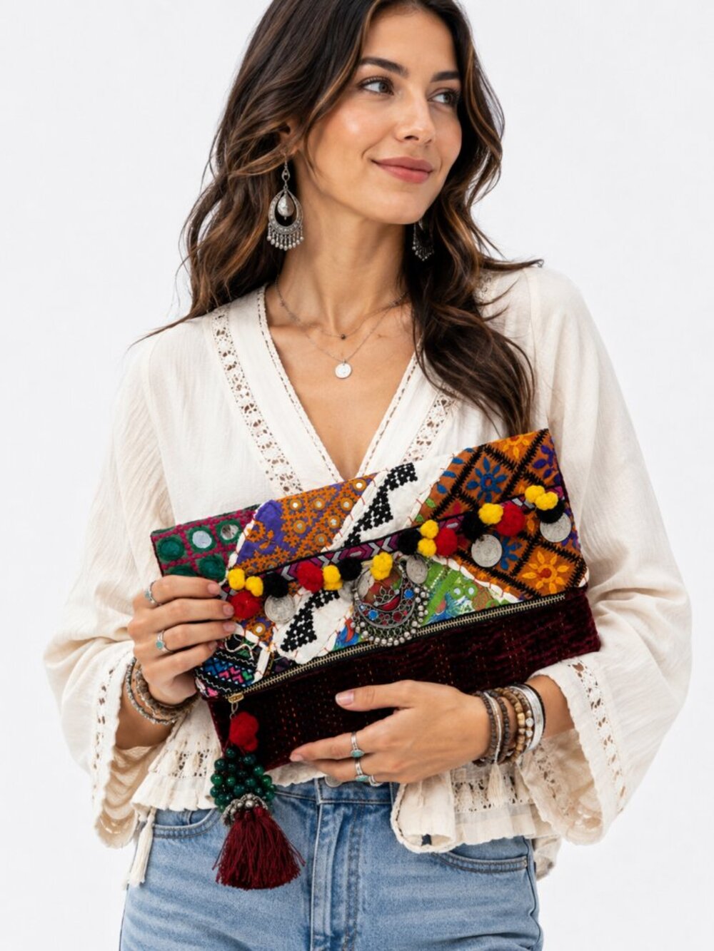 Vintage Boho Patchwork Foldover Clutch Tassel Coin Bag Festival Artisan Purse